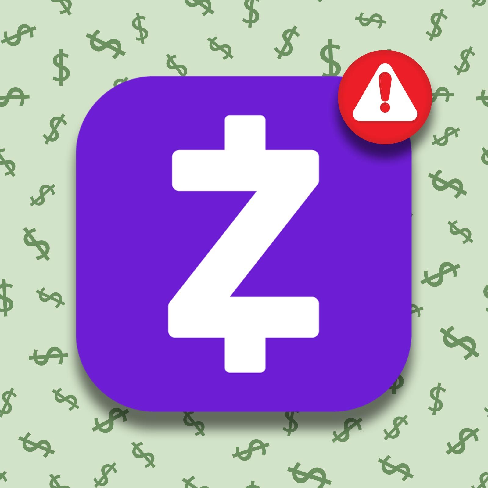 zelle app with a green dollar sign background and a warning symbol notification
