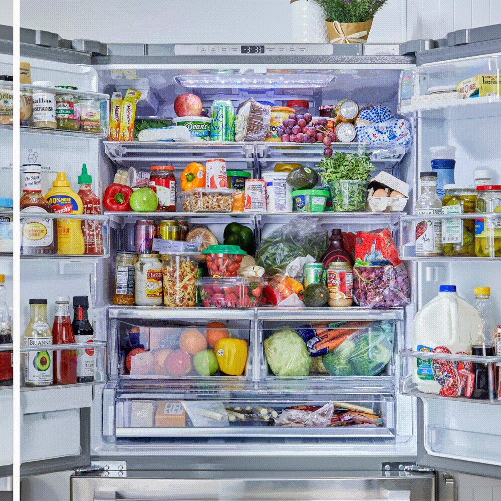 messy fridge with a slider graphic to reveal organized fridge