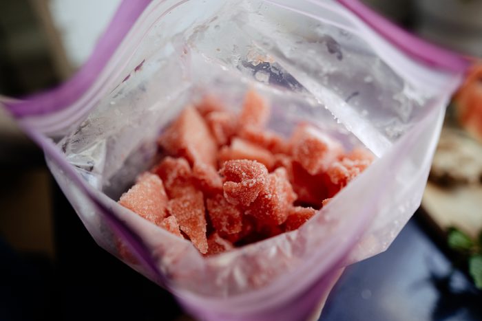 Frozen watermelon on a plastic freezer bag