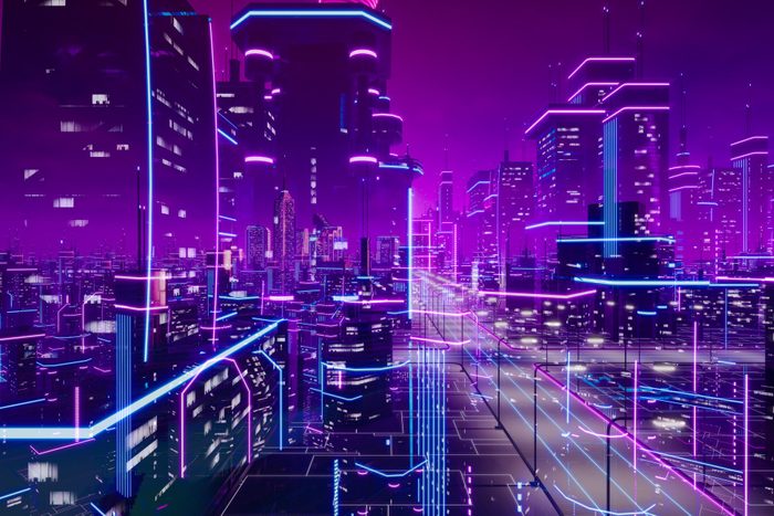 digital Metaverse city with a futuristic pink and purple glow