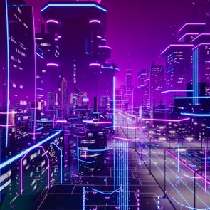 digital Metaverse city with a futuristic pink and purple glow