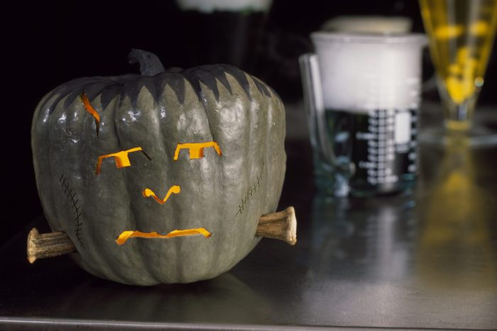 Pumpkin carved as Frankenstein