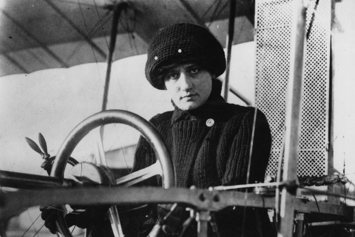 Aviatrix Baroness Raymonde de Laroche at the wheel of her aeroplane