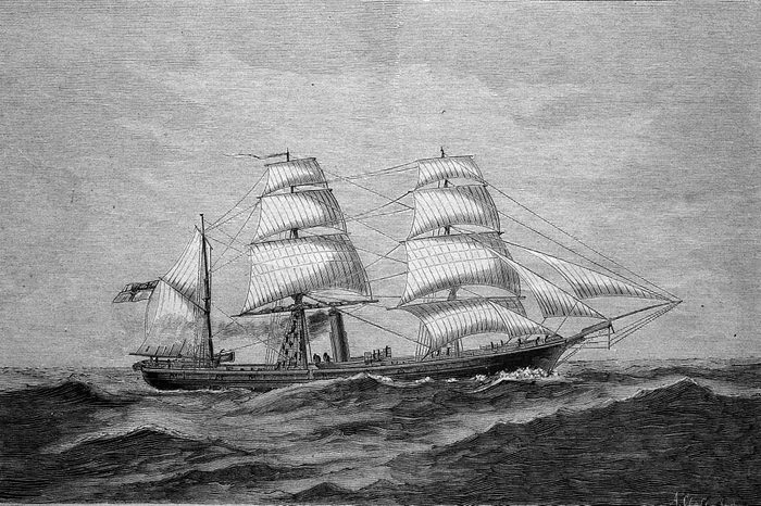 black and white sketch of a historic boat in the ocean