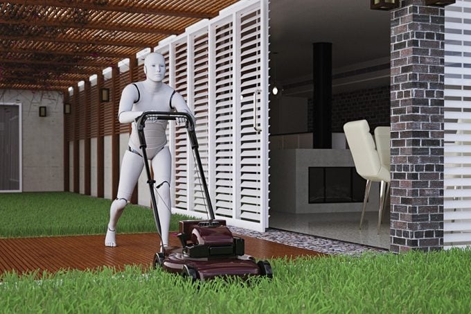 rending of a futuristic Robot man mowing grass with lawnmower