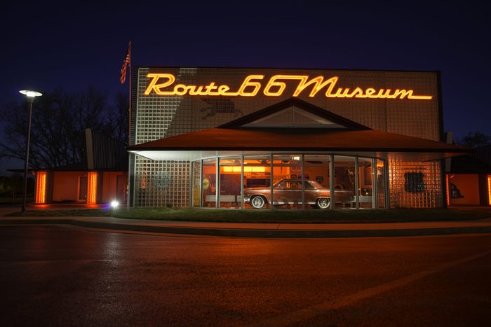 Route 66 Museum at night in Oklahoma
