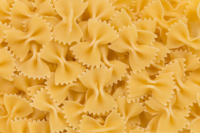 Close up of uncooked farfalle pasta