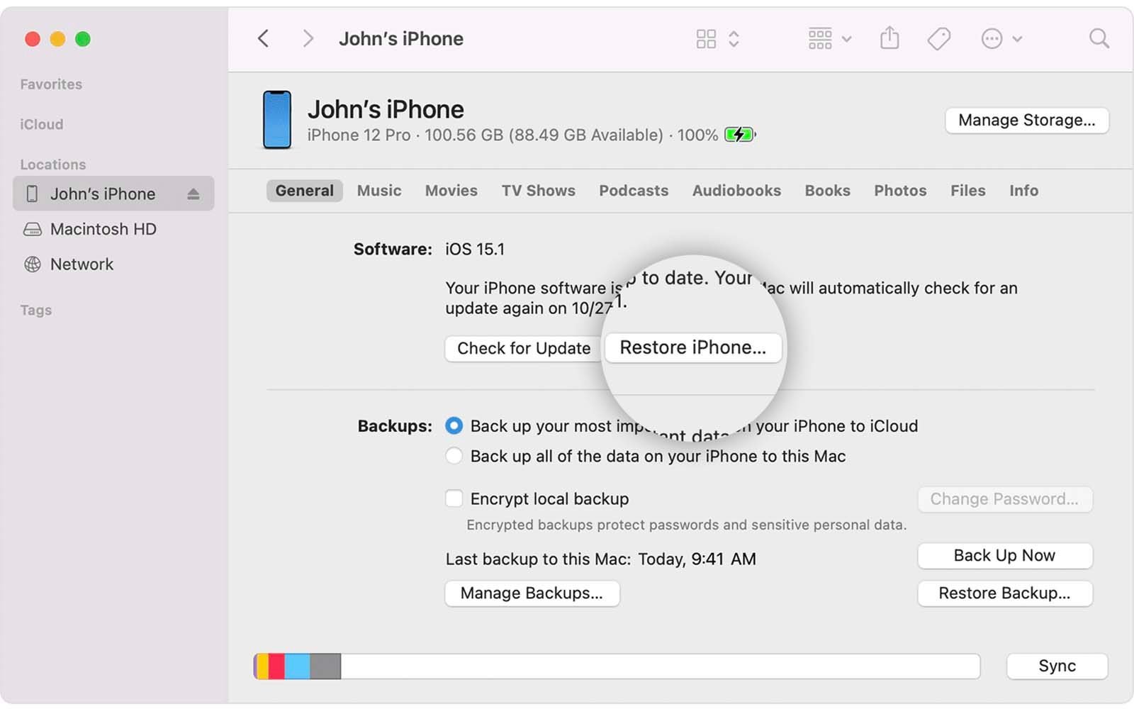 Restore iPhone using Finder