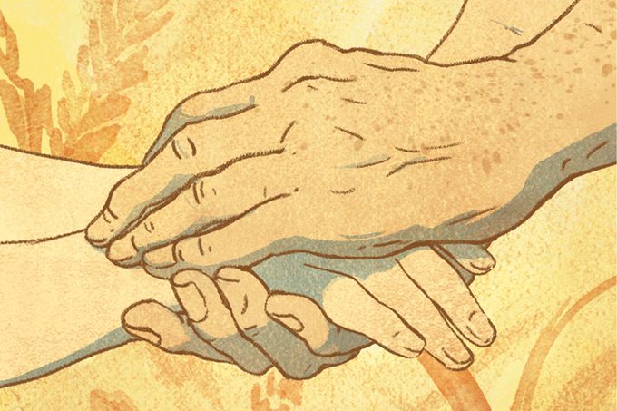 Illustration of old hands holding young hands across a wheat landscape