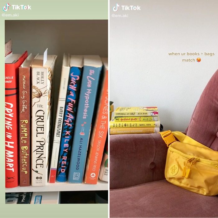 screenshots of two TikTok videos with a section of books on the left and a small yellow stack of books with a yellow bag on the right