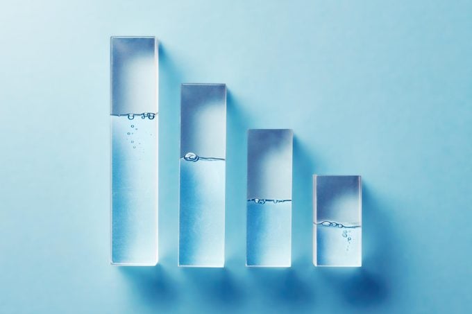 descending bar graph, each bar is transparent and filled with water, on blue background