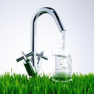 water faucet pouring water into glass on fake grass with gray background