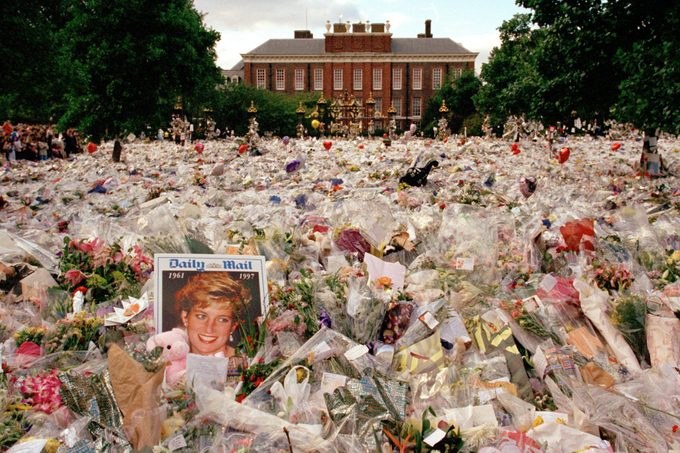 Flowers And Mourners Outside Kensington Palace In The Days Following The Funeral Of Princess Diana, In London, England, September 1997.