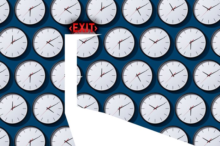 negative space of an open door with an exit sign above it on top of a background pattern of clocks