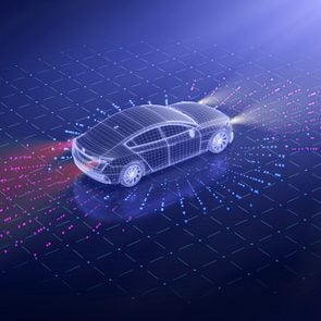 purple wireframe of driverless car with futuristic technology and pink sensors