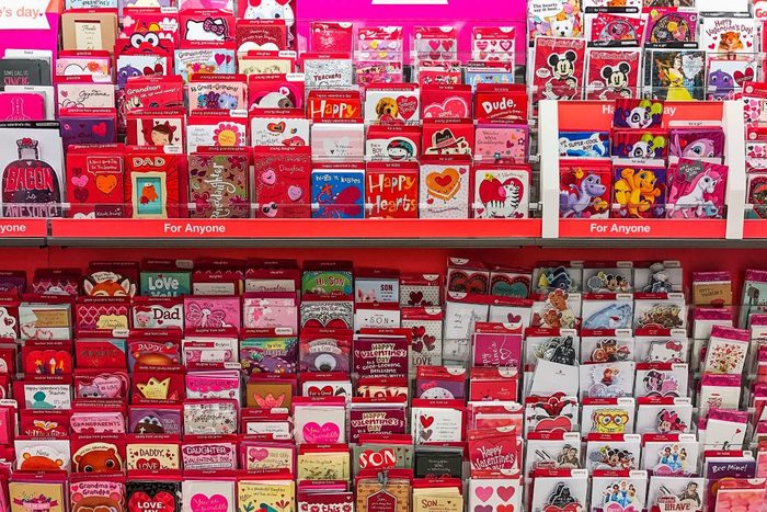 Rack of Valentine cards in a grocery store