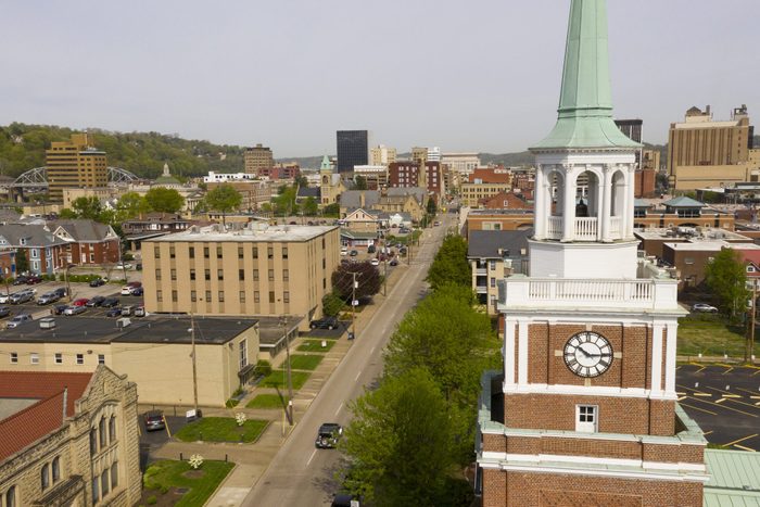 Aerial Elevating Up Over Chruch Clocktower and Charleston West Virginia
