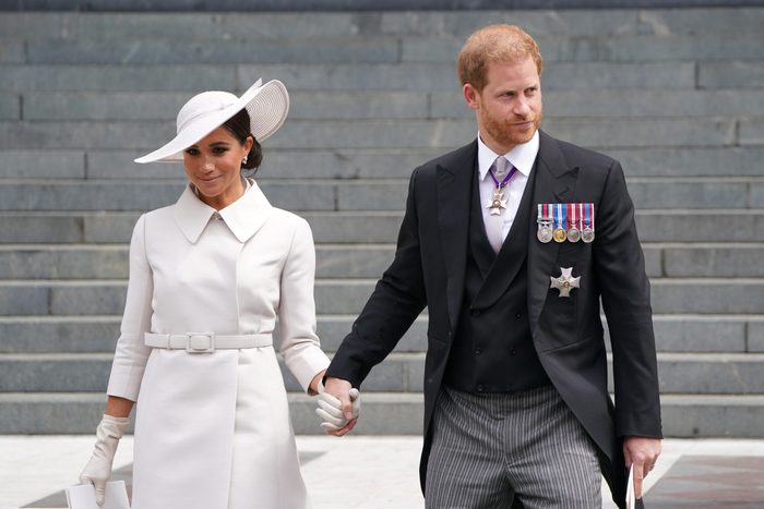 Prince Harry, Duke of Sussex and Meghan, Duchess of Sussex leave after the National Service of Thanksgiving to Celebrate the Platinum Jubilee of Her Majesty The Queen at St Paul's Cathedral on June 3, 2022 in London, England.