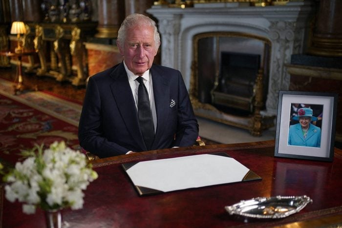 Britain's King Charles III makes a televised address to the Nation and the Commonwealth from the Blue Drawing Room at Buckingham Palace in London on September 9, 2022