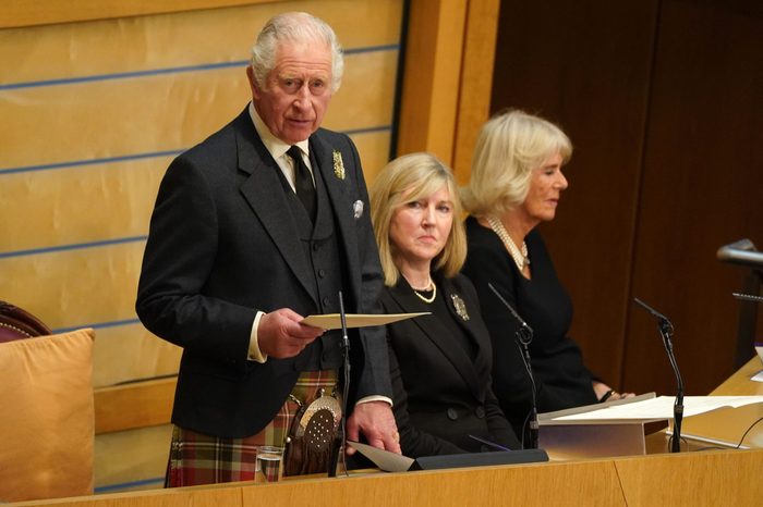 King Charles III And The Queen Consort Attend The Scottish Parliament To Receive A Motion of Condolence