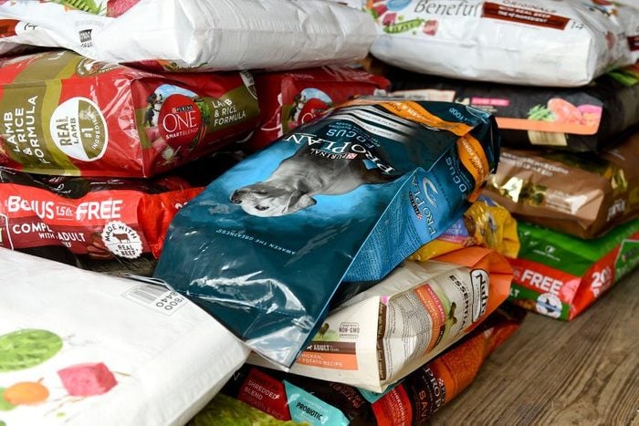 stacks of dog food bags