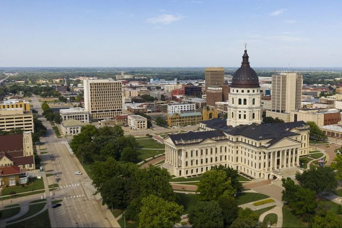 An aerial view of the capital statehouse grounds in Topeaka Kansas USA