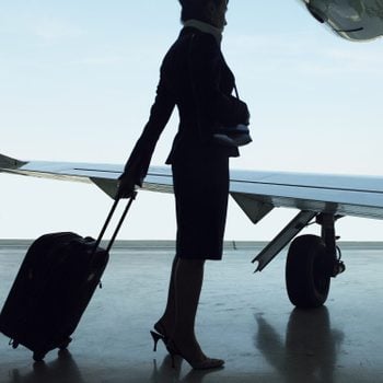 Flight attendant standing with suitcase near airplane, side view