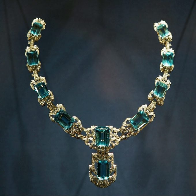 Aquamarine and diamond necklace, a coronation gift from Brazil, displayed in a exhibition of Queen Elizabeth II's dresses and jewels in the State Rooms of Buckingham Palace for the summer opening on July 27, 2006 in London, England