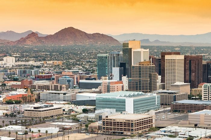 Phoenix Arizona city skyline at sunset