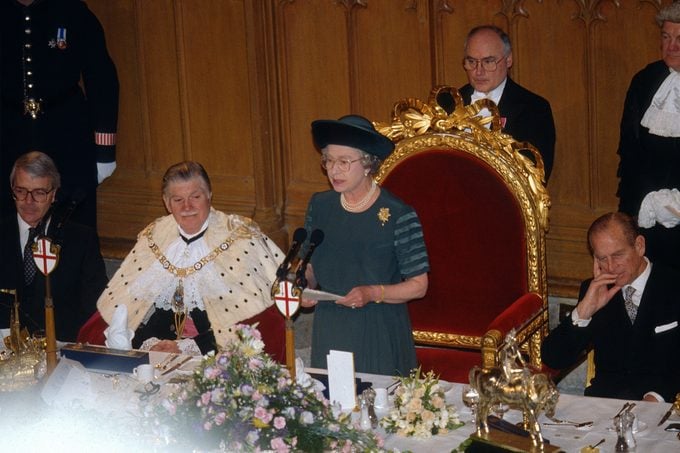 Queen Elizabeth II makes a speech about the "Annus Horribilis" (horrible year) that she had just lived through with the breakdown of the marriages of her sons Prince Charles and Prince Andrew and the devastating fire at Windsor Castle