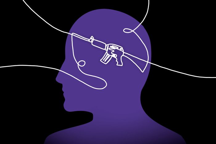 purple silhouette of a head on black background. over the head are white lines to indicate thoughts in the shape of an assault rifle.