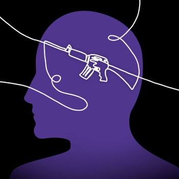purple silhouette of a head on black background. over the head are white lines to indicate thoughts in the shape of an assault rifle.