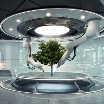 Futuristic laboratory robot arms 3D printing a tree