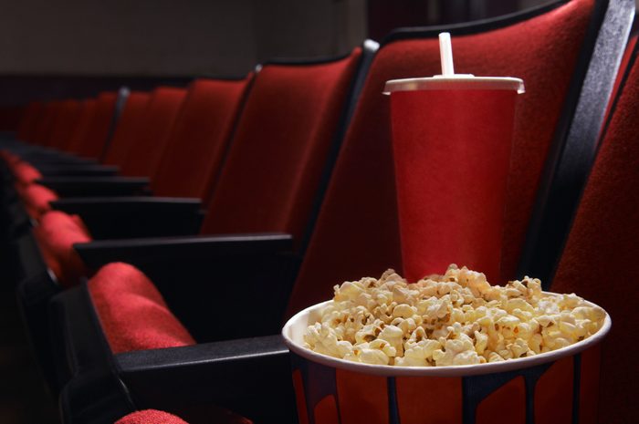 Popcorn and drink in an empty theater