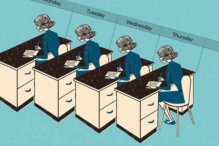 vintage illustration of a woman working at a desk repeated 4 days with a calendar of the week days in the background