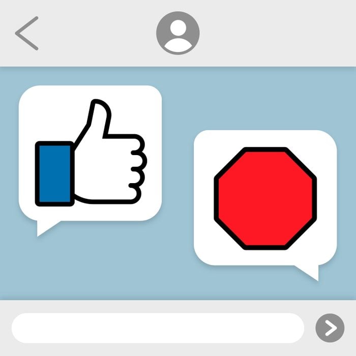 Illustration of text exchange using thumbs up emoji and stop sign emoji
