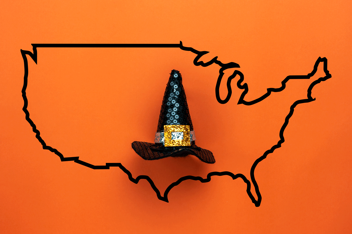 united states map outline on orange background; within the map is a halloween witch hat and three question marks
