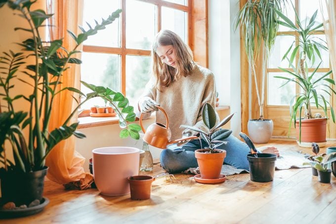 Candid portrait of woman watering her plants.