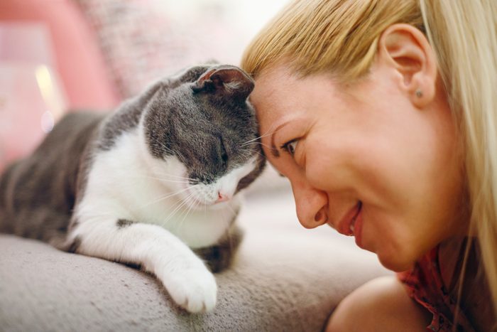 Woman pet owner cuddling with cat