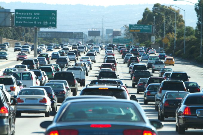 Cars in a traffic jam on 405 Freeway in Los Angeles, California