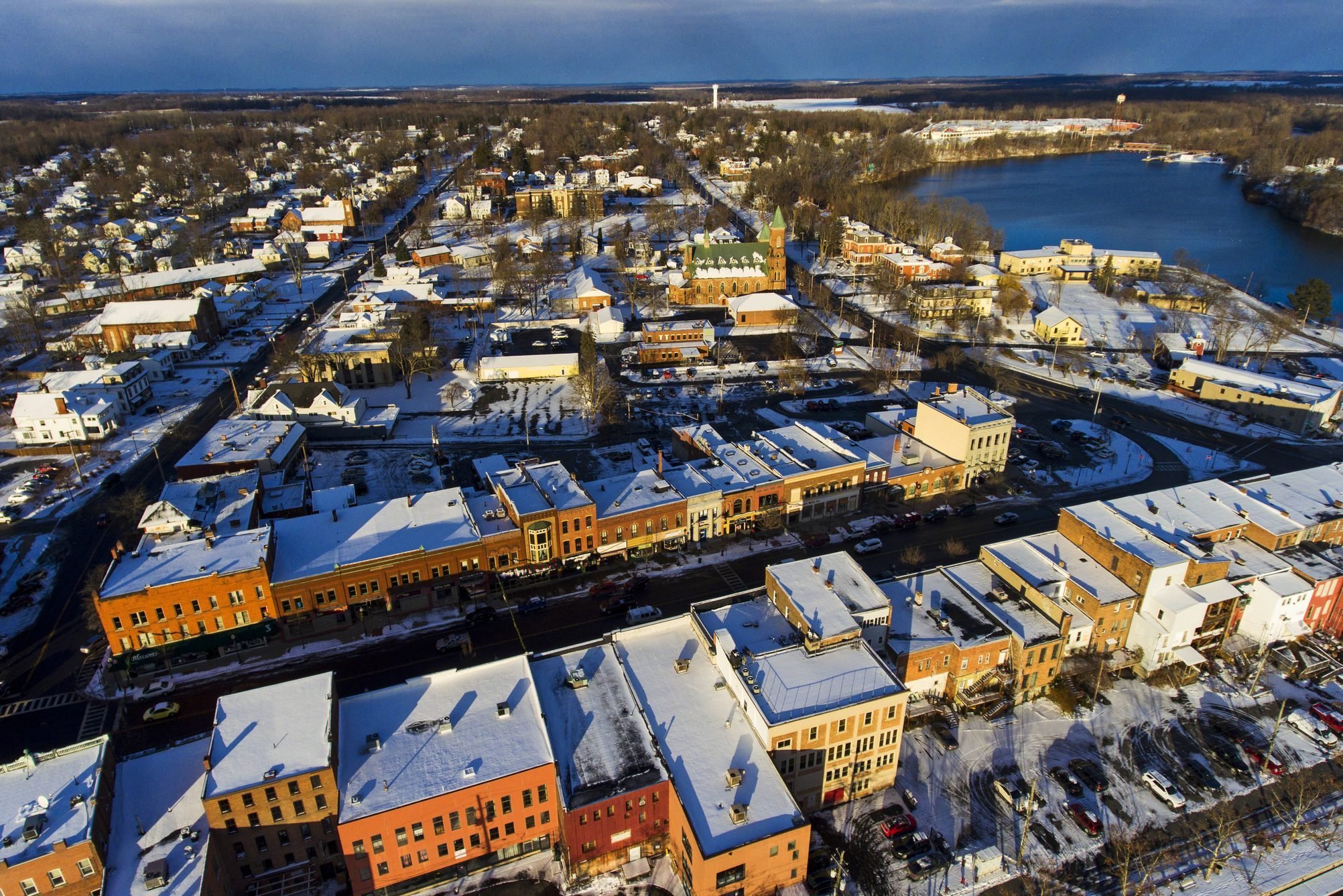 Aerial of Seneca Falls, NY during Winter Afternoon