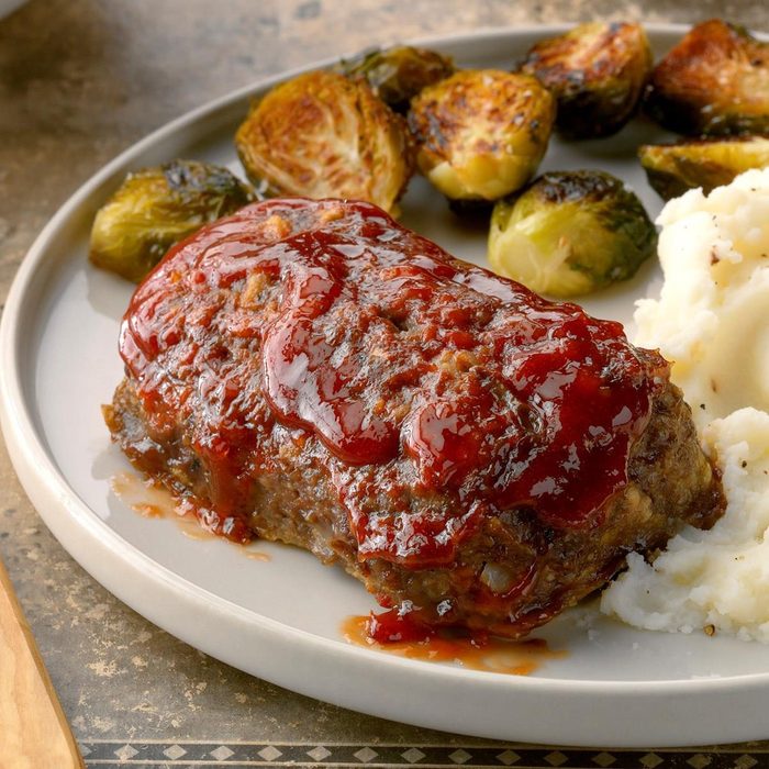 Mom Meat Loaf For 2 with brussels sprouts and mashed potatoes