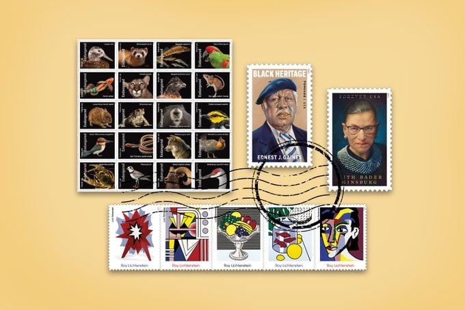 New USPS stamps for 2023 on a manila envelope yellow background