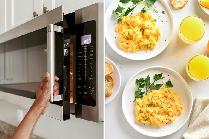 side by side of a microwave and plates of scrambled eggs