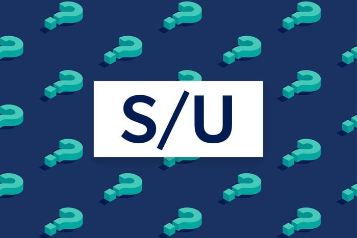 A navy blue background filled with a grid of 3D teal question marks with a white rectangle in the middle with "S/U"