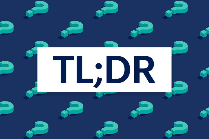 "TL;DR" on a blue background filled with three dimensional question marks