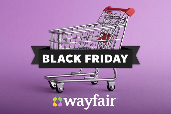 Shopping cart on purple background with black friday banner and Wayfair logo