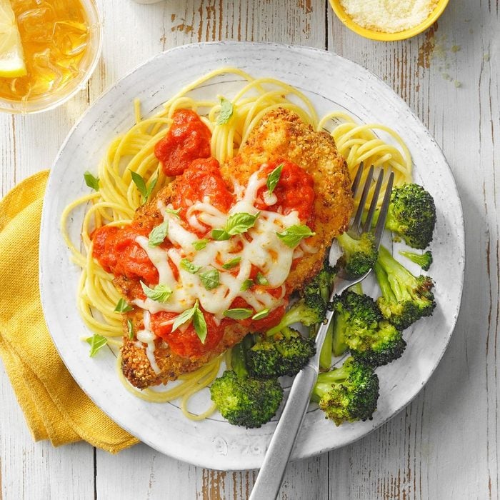 Air Fryer Chicken Parm with a side of broccoli and spaghetti