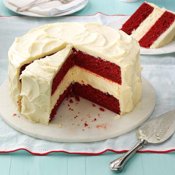 Cheesecake Factory red velvet cheesecake with a slice cut out