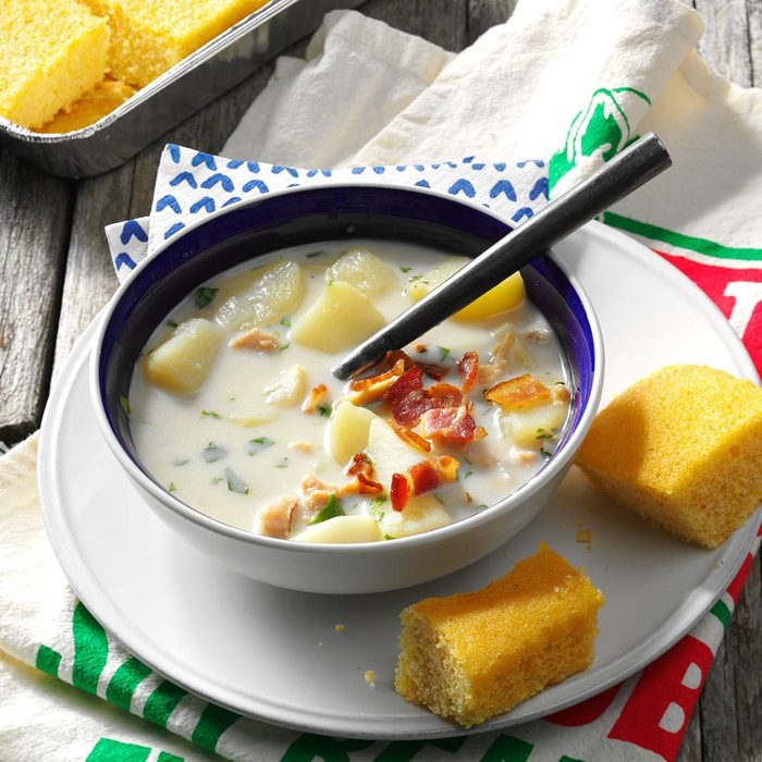 Clam chowder with a side of corn bread